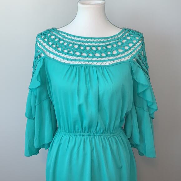 Si Style Turquoise Crochet Ruffle Sleeve Mini Dress Medium - Picture 2 of 9